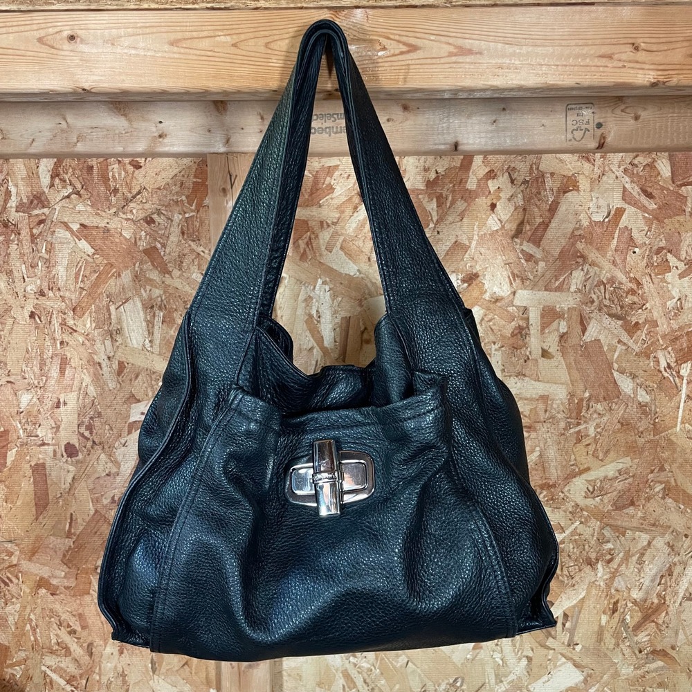 B. Makowsky Hobo Tote Bag Large Black Pebbled Leather Leopard Lining Slouchy